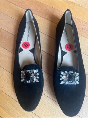 Adrienne Vittadini Black Velvet Loafers with Crystal Brooch